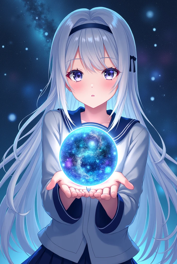 An anime girl, super long platinum hair, in her hand she is holding a multiverse ball, she is wearing a school uniform. surrounded by stars