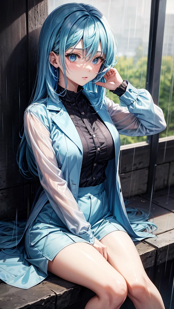 
Anime character with blue hair sitting in the rain....