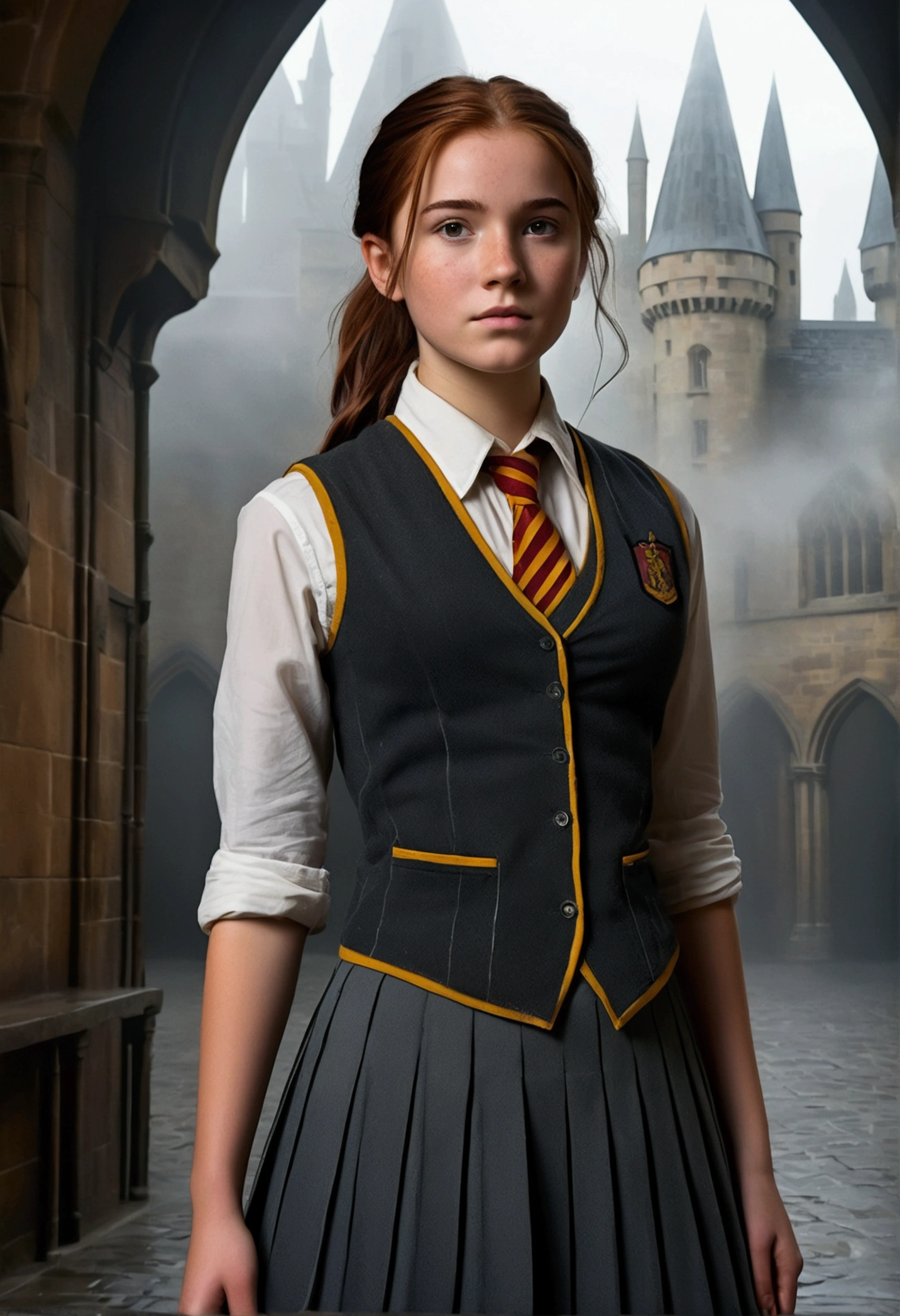 An illustrated movie poster, hand-drawn, full color, a female Hogwarts student, 18 years old, wearing a charcoal vest and a pleated skirt, tall, toned, amazonian stature, athletic hourglass figure, full wide hips, massive round butt, long shapely legs, ridiculously thick powerful thighs, deep dark auburn hair, messy ponytail, flushed sun-kissed complexion, freckles, standing in a foggy Hogwarts courtyard, surrounded by mist, graphite shading, stencil marks, airbrushed acrylic paint, masterpiece, in the Deathly Hallows