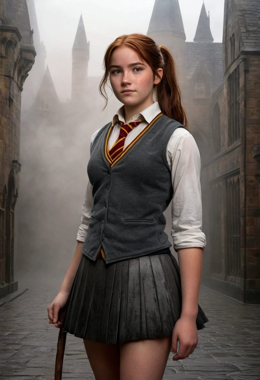 An illustrated movie poster, hand-drawn, full color, a female Hogwarts student, 18 years old, wearing a charcoal vest and a pleated skirt, tall, toned, amazonian stature, athletic hourglass figure, full wide hips, massive round butt, long shapely legs, ridiculously thick powerful thighs, deep dark auburn hair, messy ponytail, flushed sun-kissed complexion, freckles, standing in a foggy Hogwarts courtyard, surrounded by mist, graphite shading, stencil marks, airbrushed acrylic paint, masterpiece, in the Deathly Hallows