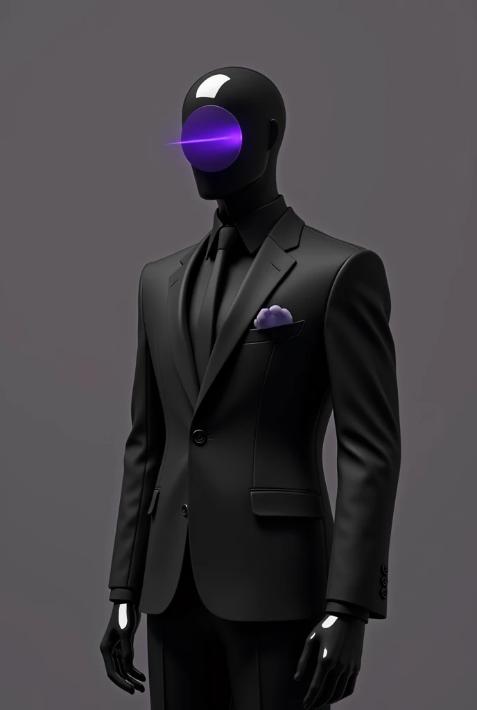 ALL BLACK MANNEQUIN IN A SUIT WITH A PURPLE BADGE OVER THE EYES SEEN FROM THE FULL BODY DOWN TO THE FEET