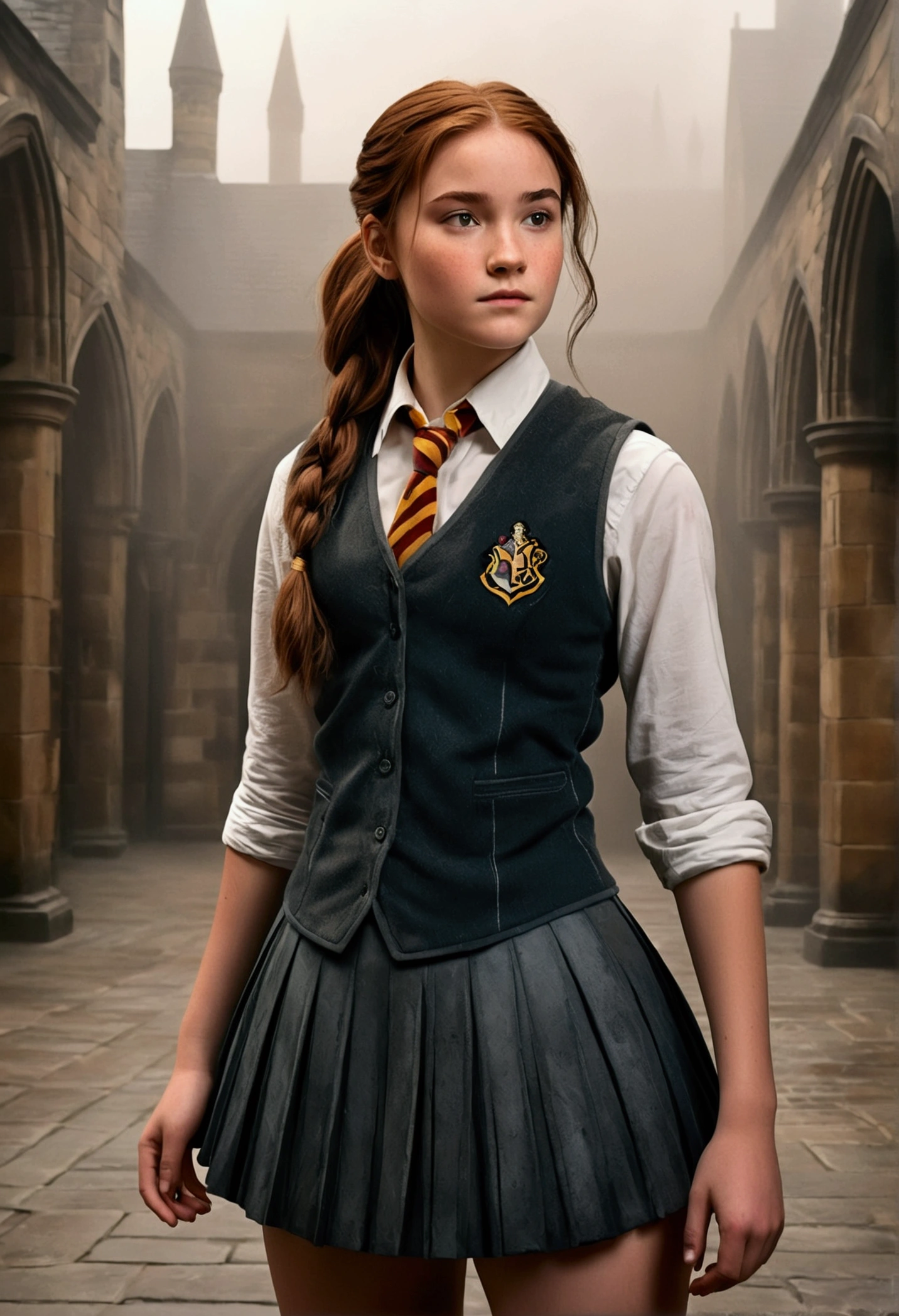 An illustrated movie poster, hand-drawn, full color, a female Hogwarts student, 18 years old, wearing a charcoal vest and a pleated skirt, tall, toned, amazonian stature, athletic hourglass figure, full wide hips, massive round butt, long shapely legs, ridiculously thick powerful thighs, deep dark auburn hair, messy ponytail, flushed sun-kissed complexion, freckles, standing in a foggy Hogwarts courtyard, surrounded by mist, graphite shading, stencil marks, airbrushed acrylic paint, masterpiece, in the Deathly Hallows