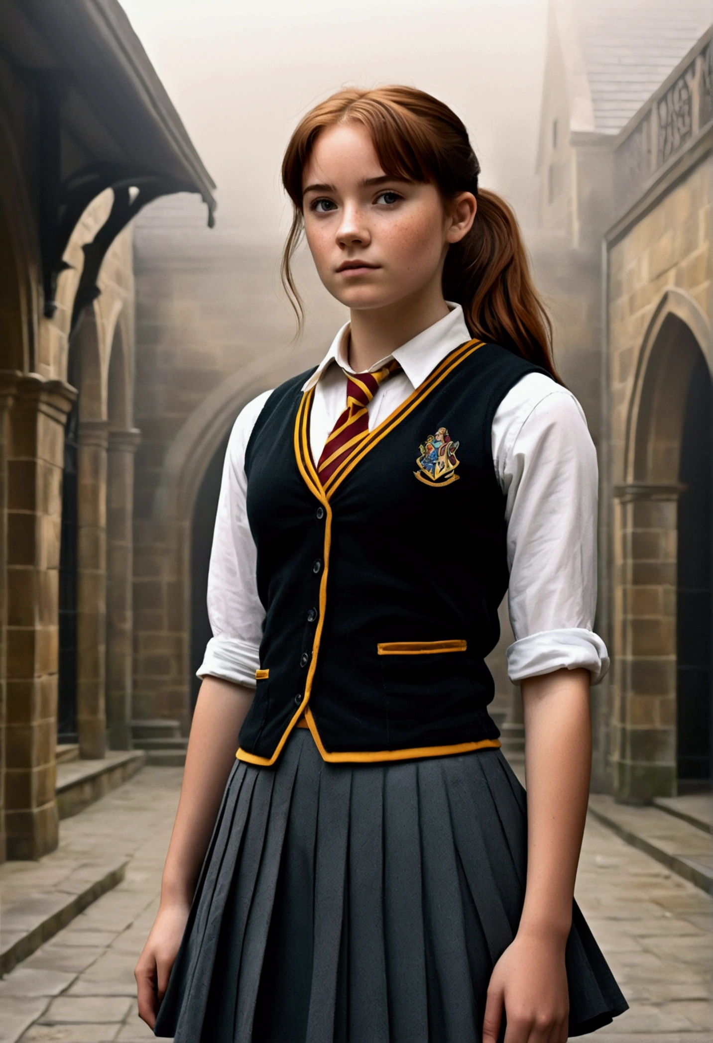 An illustrated movie poster, hand-drawn, full color, a female Hogwarts student, 18 years old, wearing a charcoal vest and a pleated skirt, tall, toned, amazonian stature, athletic hourglass figure, full wide hips, massive round butt, long shapely legs, ridiculously thick powerful thighs, deep dark auburn hair, messy ponytail, flushed sun-kissed complexion, freckles, standing in a foggy Hogwarts courtyard, surrounded by mist, graphite shading, stencil marks, airbrushed acrylic paint, masterpiece, in the Deathly Hallows
