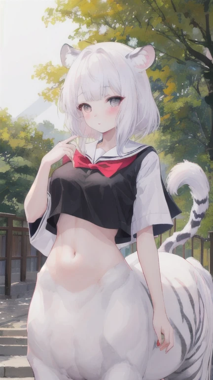 (best quality, masterpiece), 1 girl, centaur, I beg, White skin, Japanese schoolgirl,daughter,black pink, exposing the abdomen, belly button t-shirt , beautiful girl perfect, White tiger photo, 완벽한 White tiger photo
