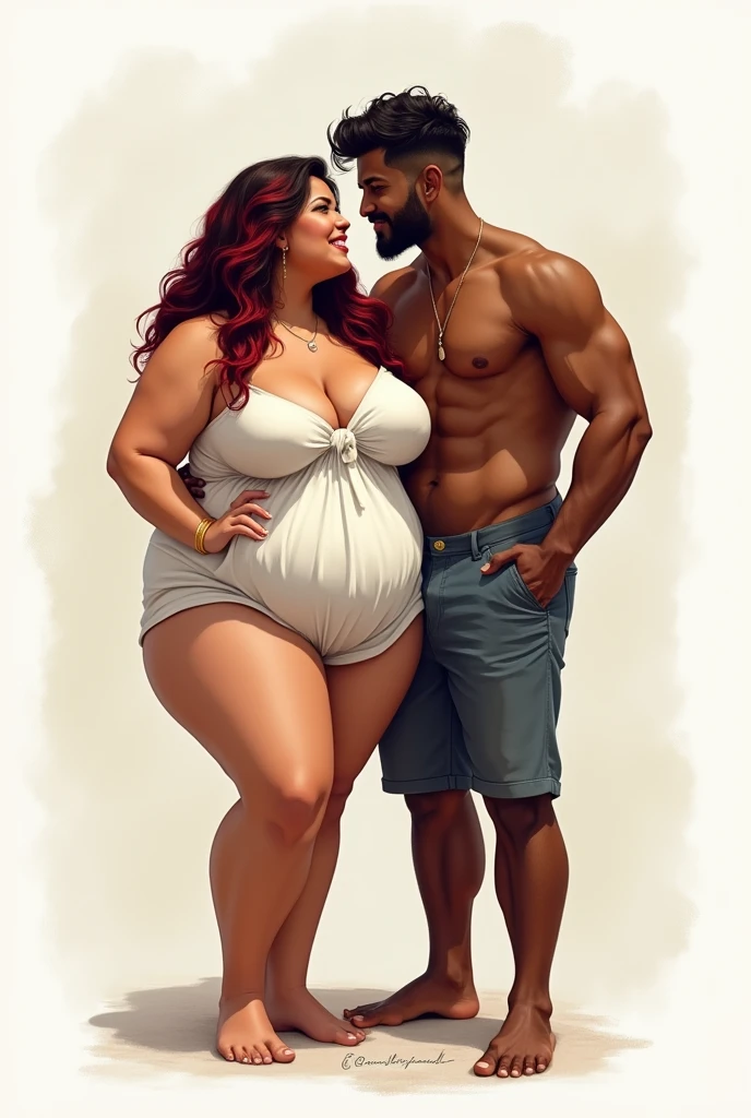 Drawing of an overweight woman, with big breasts, black hair with red highlights with her boyfriend, A thin man, chocolate color and short hair.
