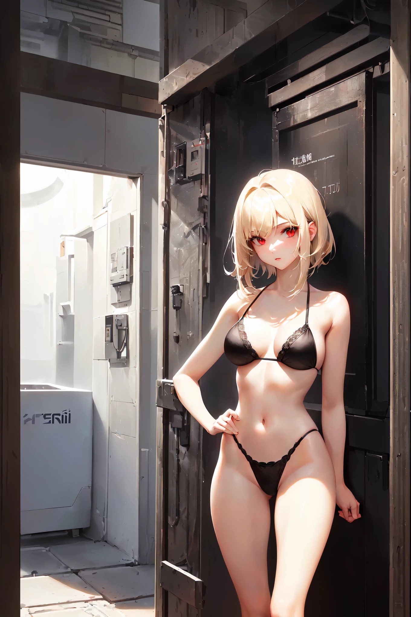 Create an image of a 20-year-old age woman. He has an angelic face. red eyes, White skin. its height is 1,70 meters and has a detailed physique with large, firm breasts. Short blonde hair, Skinny body, black lingerie bikini, straight and firm pose looking towards the camera. anime art, Anime Art