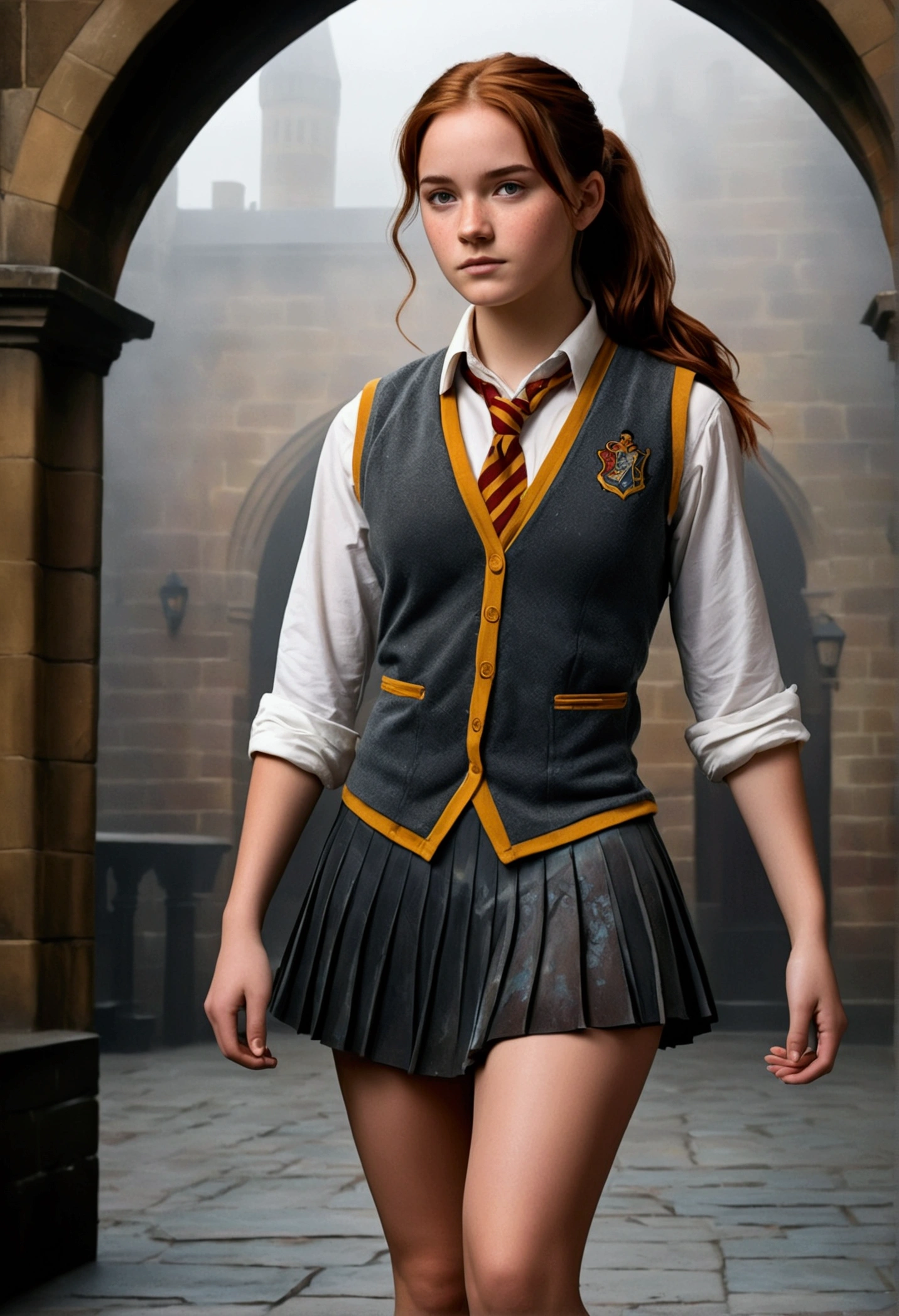 An illustrated movie poster, hand-drawn, full color, a female Hogwarts student, 18 years old, wearing a charcoal vest and a pleated skirt, tall, toned, amazonian stature, athletic hourglass figure, full wide hips, massive round butt, long shapely legs, ridiculously thick powerful thighs, deep dark auburn hair, messy ponytail, flushed sun-kissed complexion, freckles, standing in a foggy Hogwarts courtyard, surrounded by mist, graphite shading, stencil marks, airbrushed acrylic paint, masterpiece, in the Deathly Hallows