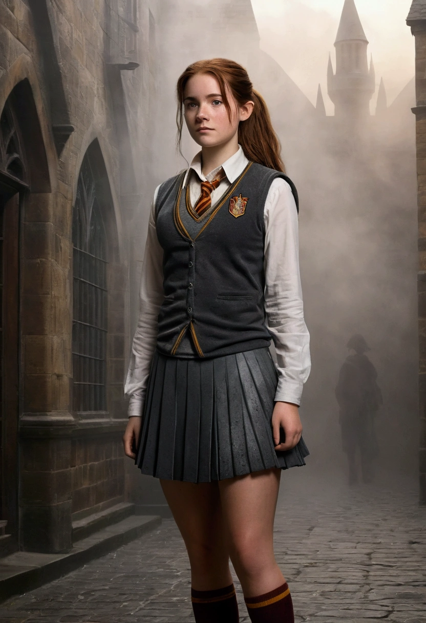 An illustrated movie poster, hand-drawn, full color, a female Hogwarts student, 18 years old, wearing a charcoal vest and a pleated skirt, tall, toned, amazonian stature, athletic hourglass figure, full wide hips, massive round butt, long shapely legs, ridiculously thick powerful thighs, deep dark auburn hair, messy ponytail, flushed sun-kissed complexion, freckles, standing in a foggy Hogwarts courtyard, surrounded by mist, graphite shading, stencil marks, airbrushed acrylic paint, masterpiece, in the Deathly Hallows