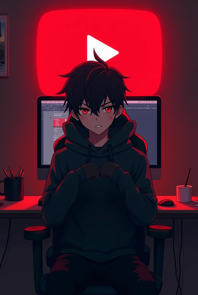 Create a hacker anime boy youtuber sitting on the computer chair watching me,
Back name as SAM TECH YT with red letters in background YouTube logo