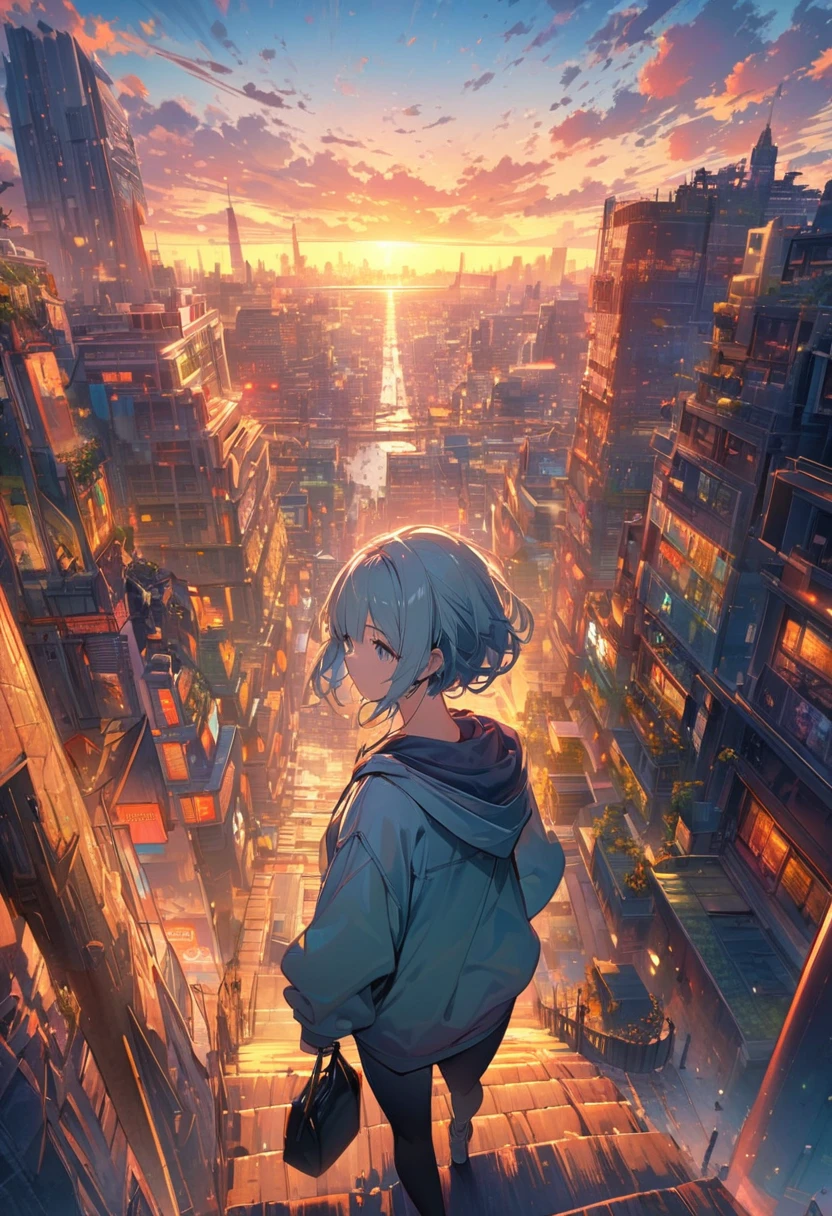 Create exquisite illustrations reminiscent of Makoto Shinkai's style, It has ultra-fine details and top-notch quality. angelic, detailed woman who is walking, woman wearing hoodie, highest billding in city, road, sunrise, horizon, skyline, in the sky, city of clouds, colorful, high-res, 8K