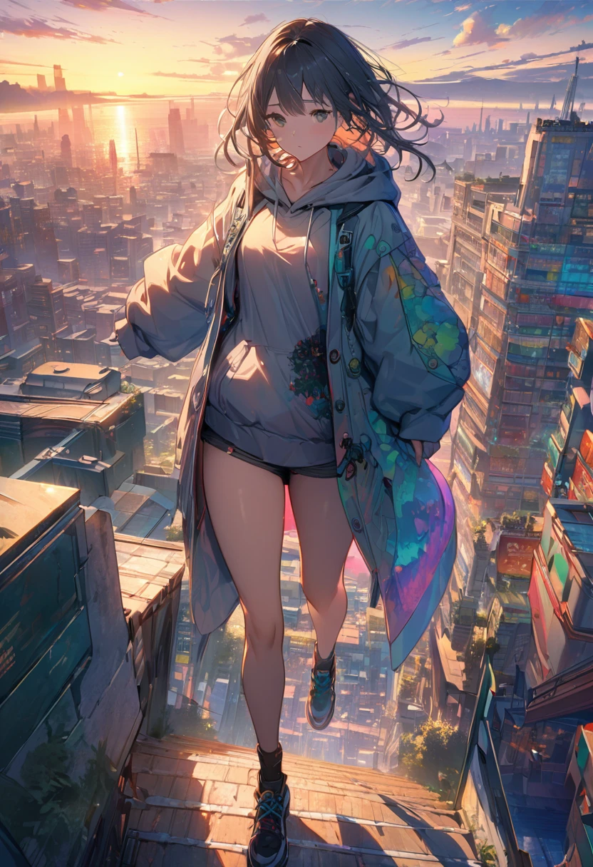 Create exquisite illustrations reminiscent of Makoto Shinkai's style, It has ultra-fine details and top-notch quality. angelic, detailed woman who is walking, woman wearing hoodie, highest billding in city, road, sunrise, horizon, skyline, in the sky, city of clouds, colorful, high-res, 8K