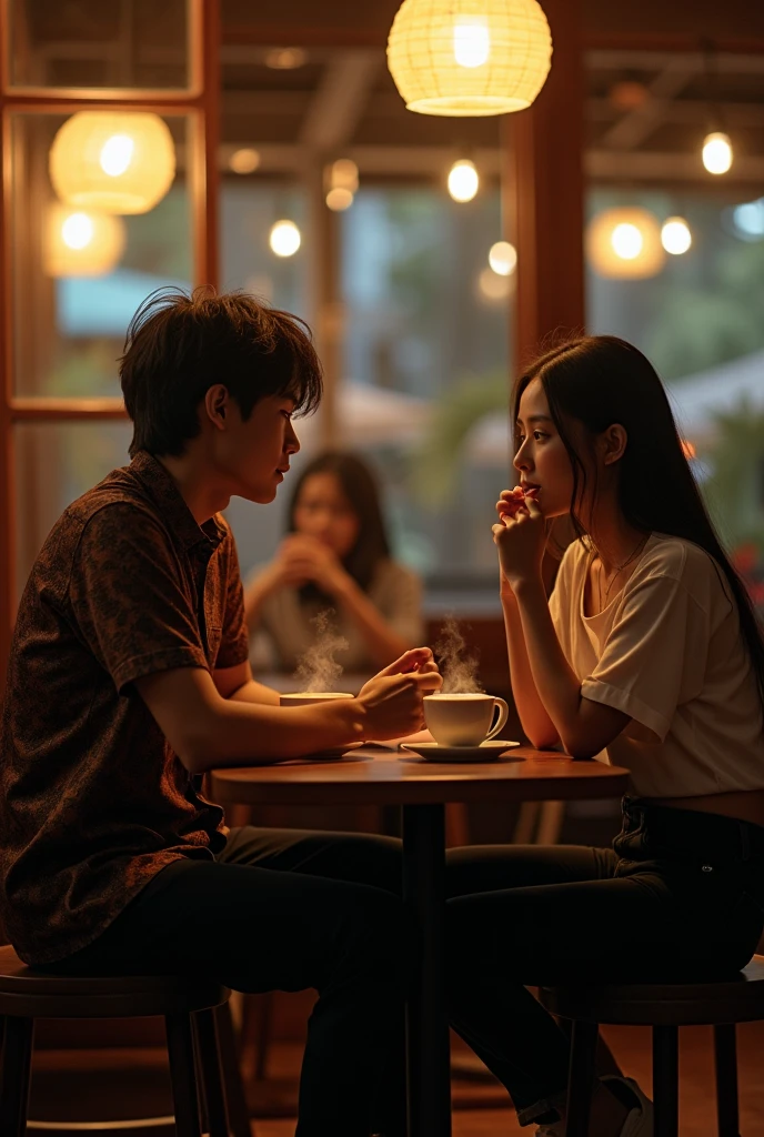 Photography of a 25 year old Indonesian guy with thin hair wearing a shiny batik shirt sitting with a 25 year old Indonesian girl wearing a cool t-shirt, pants, shoes sitting looking ahead drinking coffee in a cafe with romantic light at night.