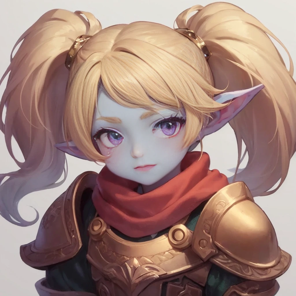 female character, light blue skin, blonde, hair with pigtails, purple eyes, A small fang protrudes from his upper lip.
