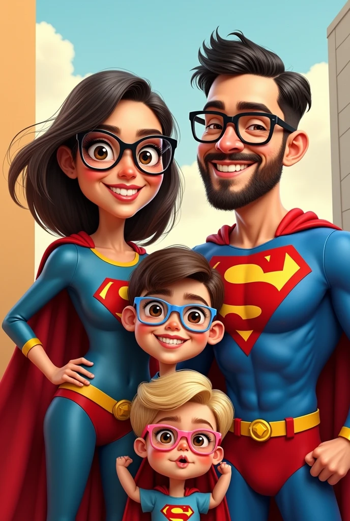 créer une photo de famille caricature avec une maman déguiser en super maman brune yeux marron et des lunette carré noir , le papa en super papa cheveux noir en arrière court et une barbe courte , une adolescente de 11ans en super adolescente brune avec des lunettes carré bleu, une appareil dentaire sur les dents du haut qui prend soin d'elle et une  de 4 ans en super râleuse blonde avec des petites lunettes ronde rose 
