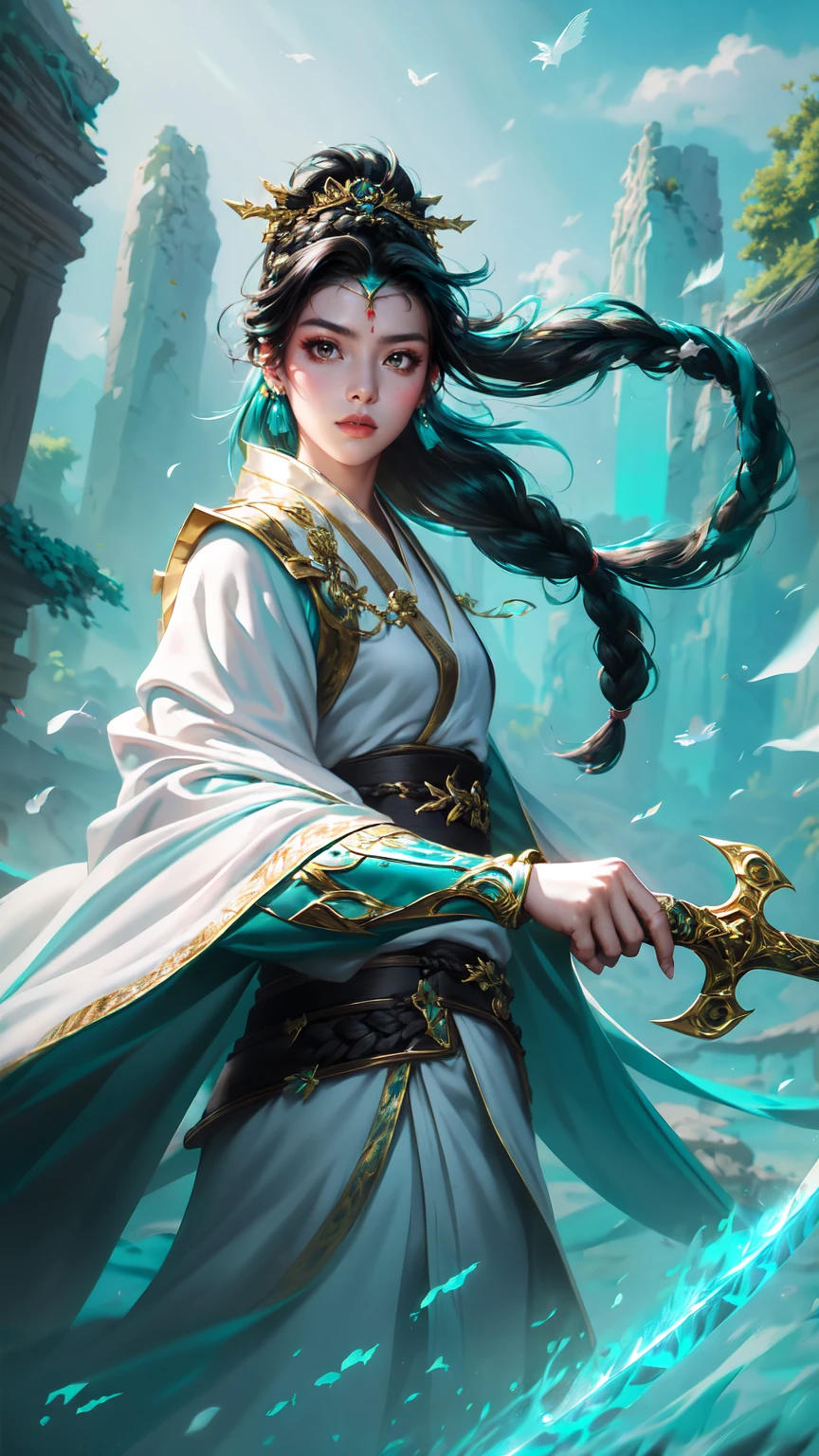 masterpiece, best quality, Official Art, 1 Girl, Character portraits，Chinese style，(((Black hair,1 braid))), General, Sword，minority，Barbarian，black eyes, Pretty Face, whole body, ((teal armor and white robe) )， Look at the audience, (High body) , earrings, (looking at viewe), Tempting,prestige,(battlefield，ruins)