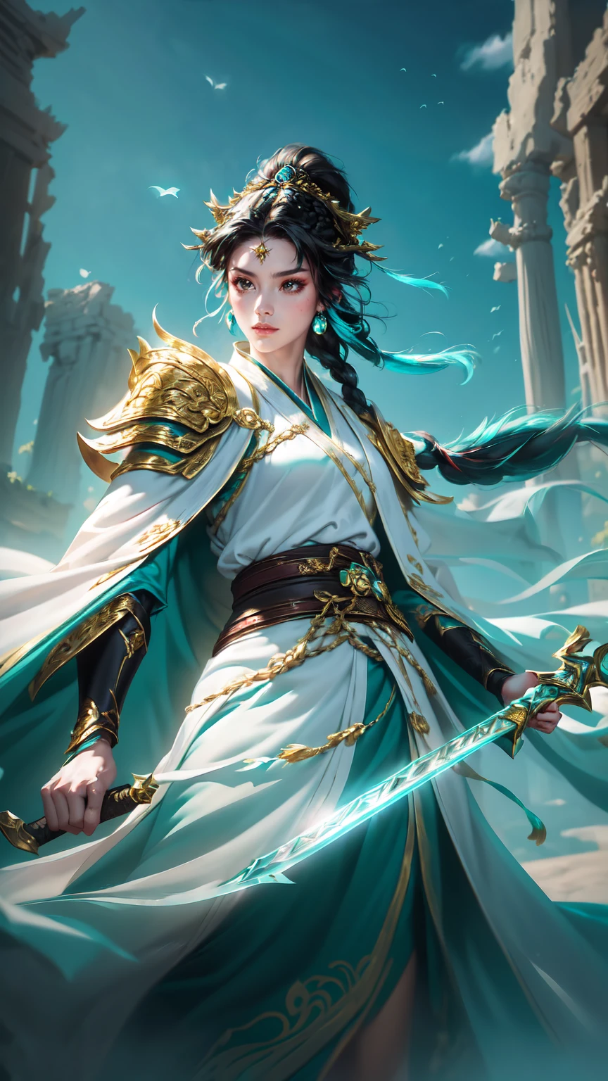 masterpiece, best quality, Official Art, 1 Girl, Character portraits,Chinese style,(((Black hair,1 braid))), General, Sword,minority,Barbarian,black eyes, Pretty Face, whole body, ((teal armor and white robe) ), Look at the audience, (High body) , earrings, (looking at viewe), Tempting,prestige,(battlefield,ruins)