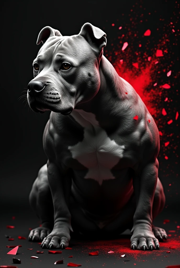 Image of a realistic American Bully XL dog in grayscale and red, with half of the face in skeleton, with broken glass details, on black background