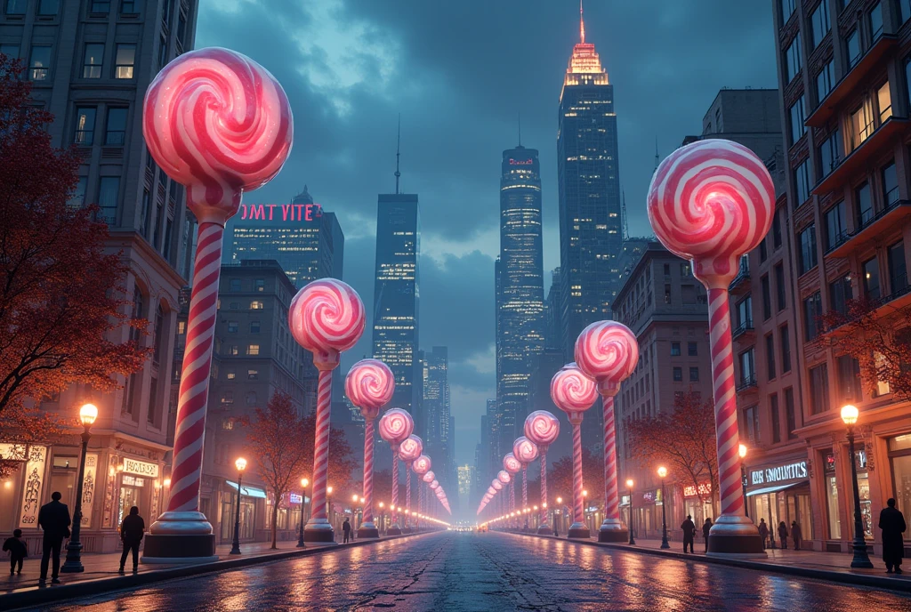 (photorealism:1.2), background, amazing landscape of a city street, with pastel colors, candy themed, sweets and chocolate, crazy dreamy vibes, pink, lilac, but in a dark gloomy night