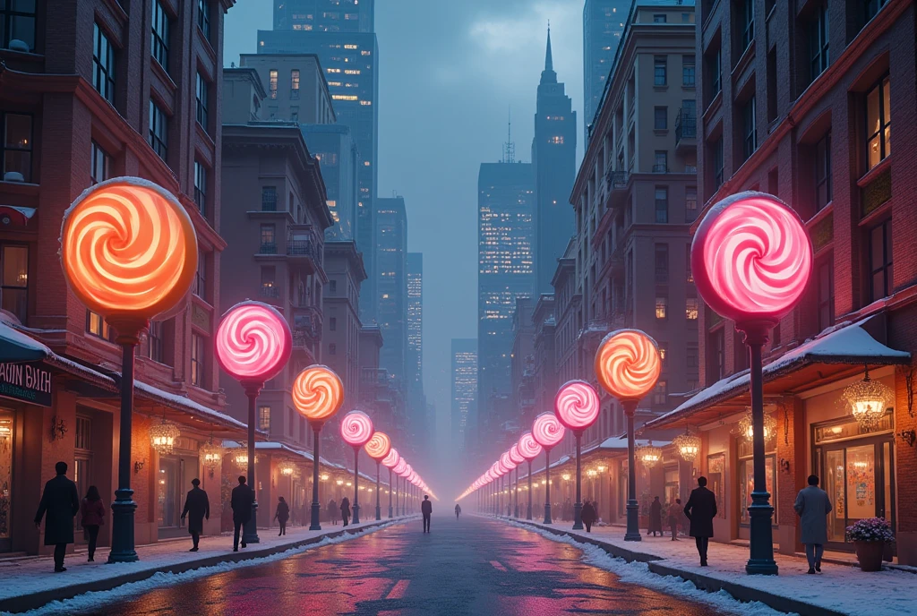 (photorealism:1.2), background, amazing landscape of a city street, with pastel colors, candy themed, sweets and chocolate, crazy dreamy vibes, pink, lilac, but in a dark gloomy night