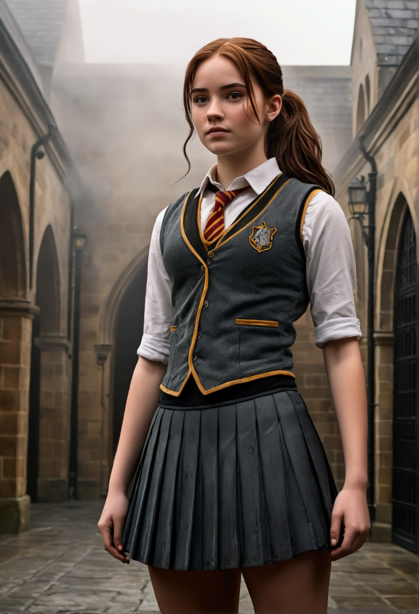 An illustrated movie poster, hand-drawn, full color, a female Hogwarts student, 18 years old, wearing a charcoal vest and a pleated skirt, tall, toned, amazonian stature, athletic hourglass figure, full wide hips, massive round butt, long shapely legs, ridiculously thick powerful thighs, deep dark auburn hair, messy ponytail, flushed sun-kissed complexion, freckles, standing in a foggy Hogwarts courtyard, surrounded by mist, graphite shading, stencil marks, airbrushed acrylic paint, masterpiece, in the Deathly Hallows 