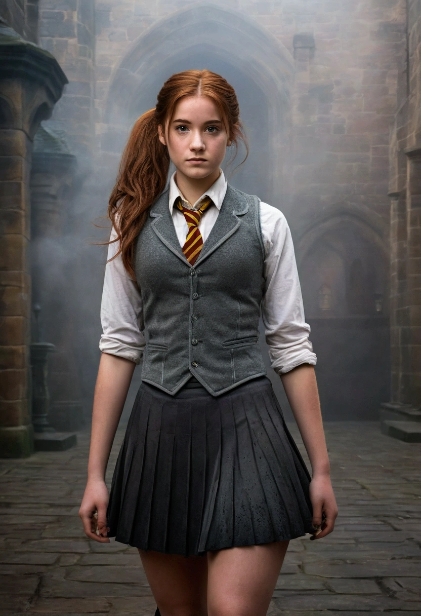 An illustrated movie poster, hand-drawn, full color, a female Hogwarts student, 18 years old, wearing a charcoal vest and a pleated skirt, tall, toned, amazonian stature, athletic hourglass figure, full wide hips, massive round butt, long shapely legs, ridiculously thick powerful thighs, deep dark auburn hair, messy ponytail, flushed sun-kissed complexion, freckles, standing in a foggy Hogwarts courtyard, surrounded by mist, graphite shading, stencil marks, airbrushed acrylic paint, masterpiece, in the Deathly Hallows 