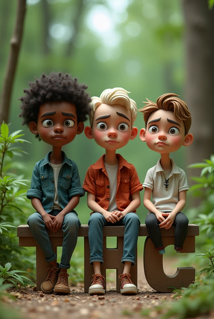 Three serious looking marijuana musicians in a stop motion cartoon sitting on letters that say THC, one dark-skinned and two white guys with clothes lying down, Natanael Cano style 
