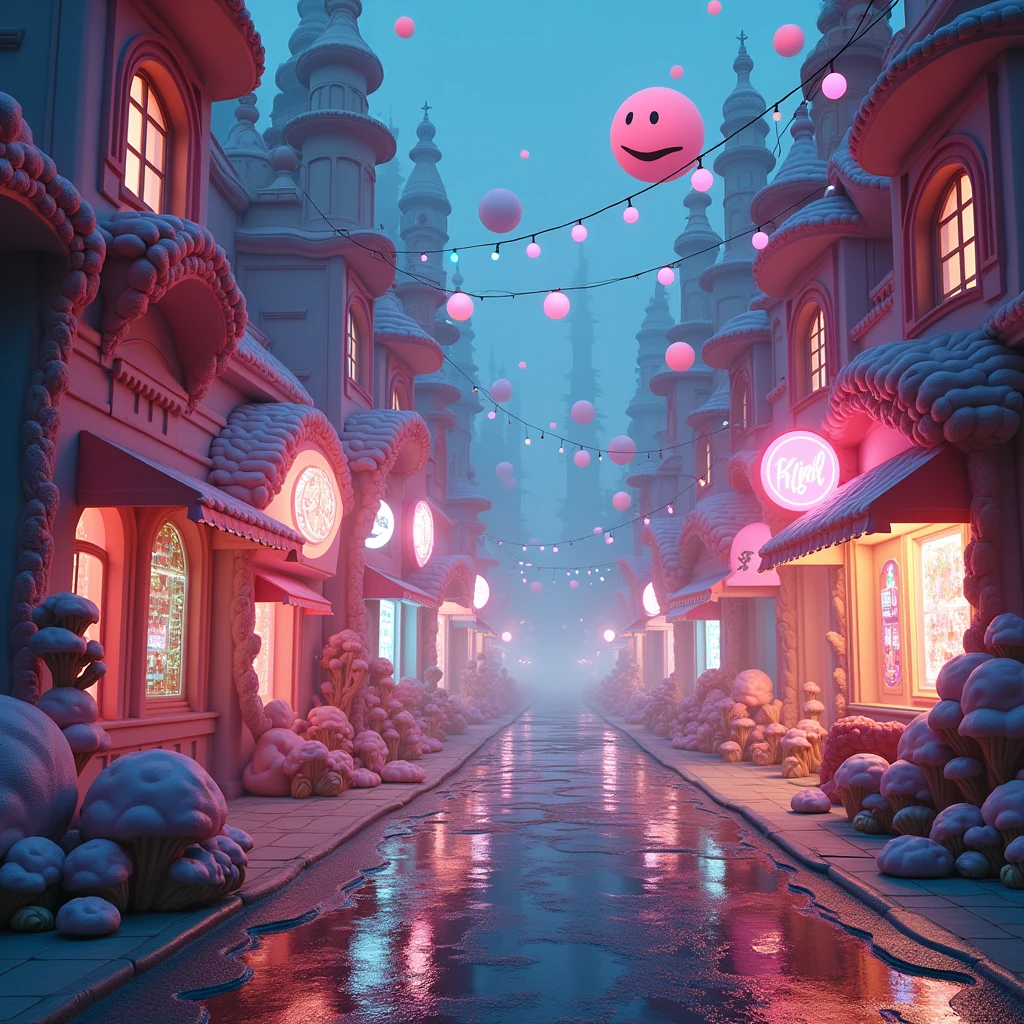 (photorealism:1.2), pastel colors, candy themed, sweets and chocolate, amazing landscape of a city street, dark gloomy night, crazy dreamy vibes, pink, lilac, highly detailed, intricate, cinematic lighting, volumetric fog, neon signs, floating candy structures, surreal architecture, reflective puddles, whimsical elements, fantasy, dreamlike, vibrant, atmospheric