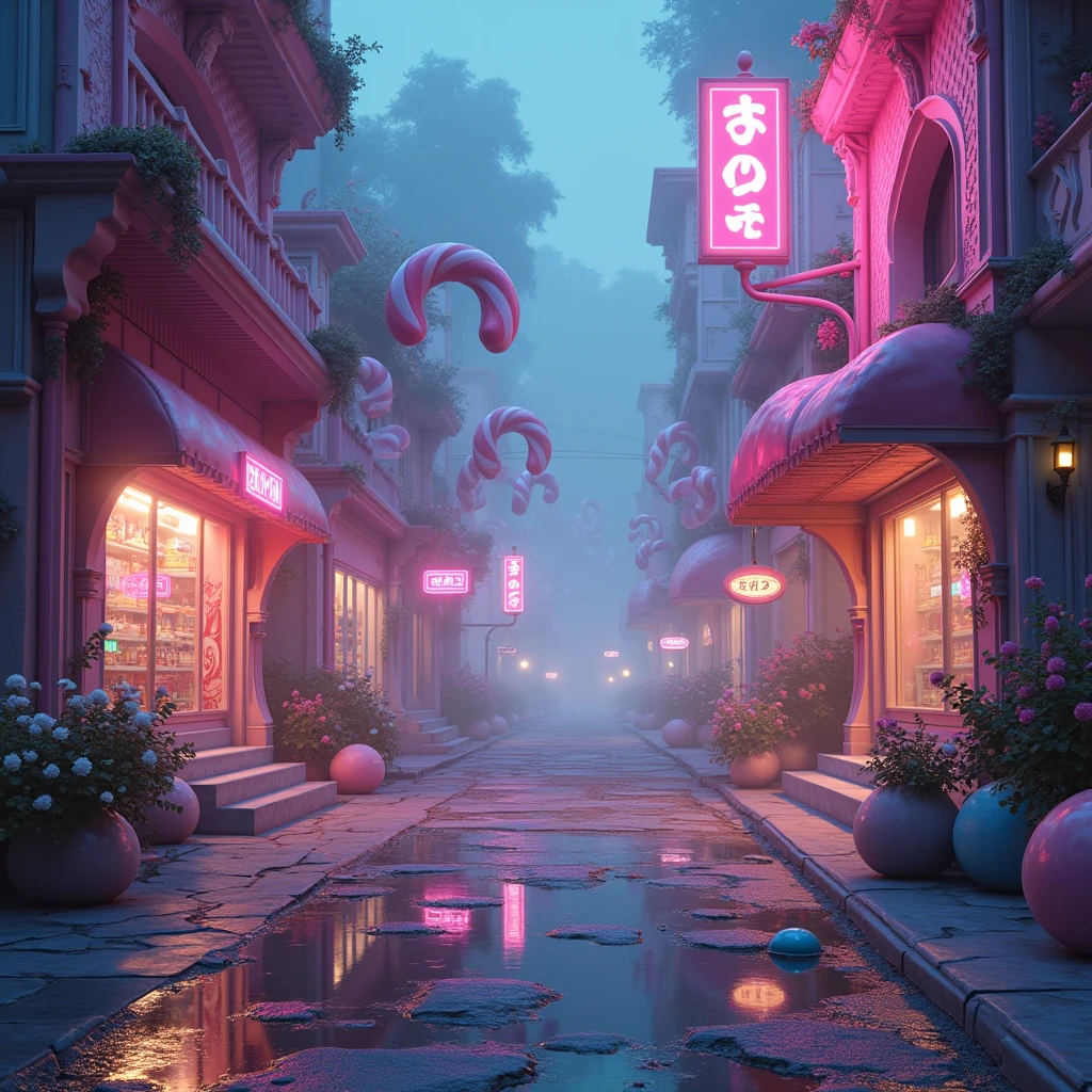 (photorealism:1.2), pastel colors, candy themed, sweets and chocolate, amazing landscape of a city street, dark gloomy night, crazy dreamy vibes, pink, lilac, highly detailed, intricate, cinematic lighting, volumetric fog, neon signs, floating candy structures, surreal architecture, reflective puddles, whimsical elements, fantasy, dreamlike, vibrant, atmospheric