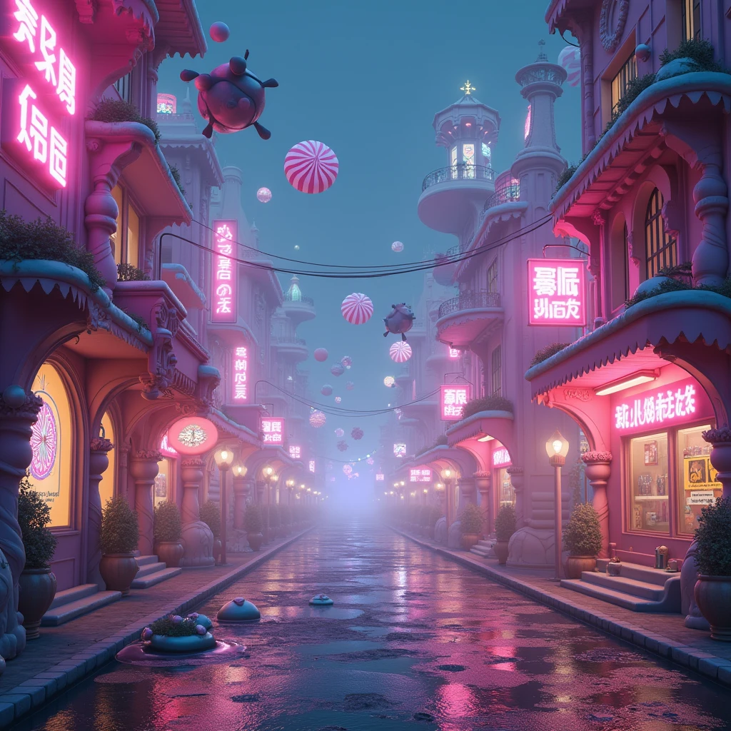 (photorealism:1.2), pastel colors, candy themed, sweets and chocolate, amazing landscape of a city street, dark gloomy night, crazy dreamy vibes, pink, lilac, highly detailed, intricate, cinematic lighting, volumetric fog, neon signs, floating candy structures, surreal architecture, reflective puddles, whimsical elements, fantasy, dreamlike, vibrant, atmospheric