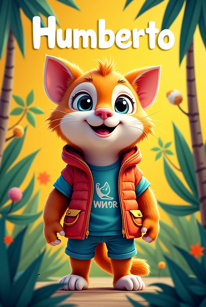 Create a flipbook cover Add Humberto's name to the cover at the top center of the title.
adding a domestic or jungle animal that is animated with clothes but is not fictional and is colorful.