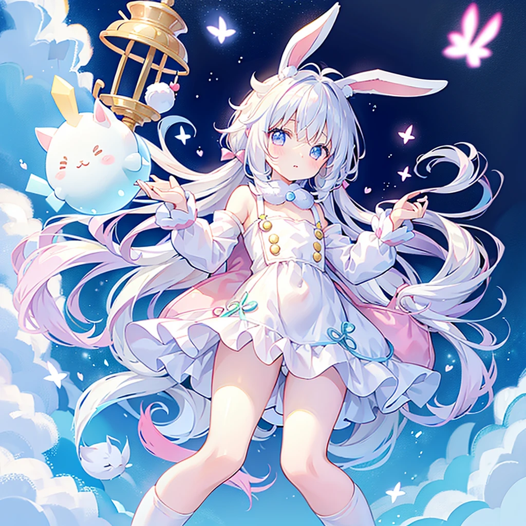 A cute little guy wearing a rabbit costume、fluffy、Loose、pastel colour、Highest quality、Masterpiece、Milky white hair color、kawaii tech,