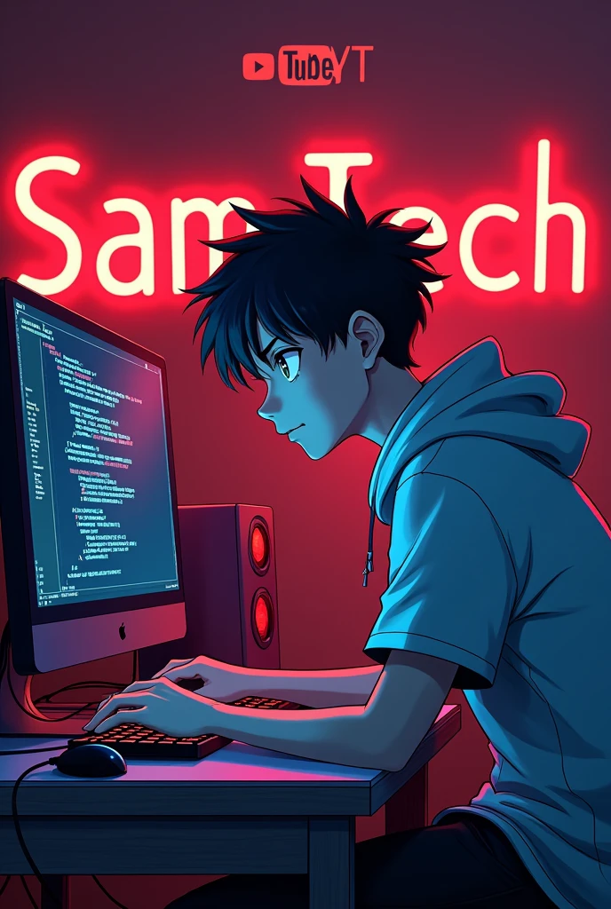 Create a hacker anime boy youtuber sitting on the computer chair watching me,
Back name as SAM TECH YT with red letters in background with YouTube logo
