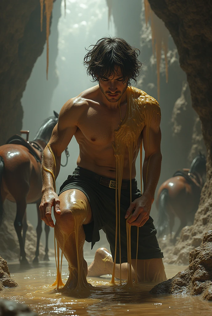 Hd, photorealistic, masterpiece, fantasy, half transformation, part human, young man struggling to remove the latex rubber goo ooze spreading over his body, underground cavern, morphing into mocha puce vanilla rubber dragon mount, wearing riding saddle, bridle, harness, and plate barding, human latex rubber dragon mount hybrid metamorphosis, inside subterranean cavern stable for dragons