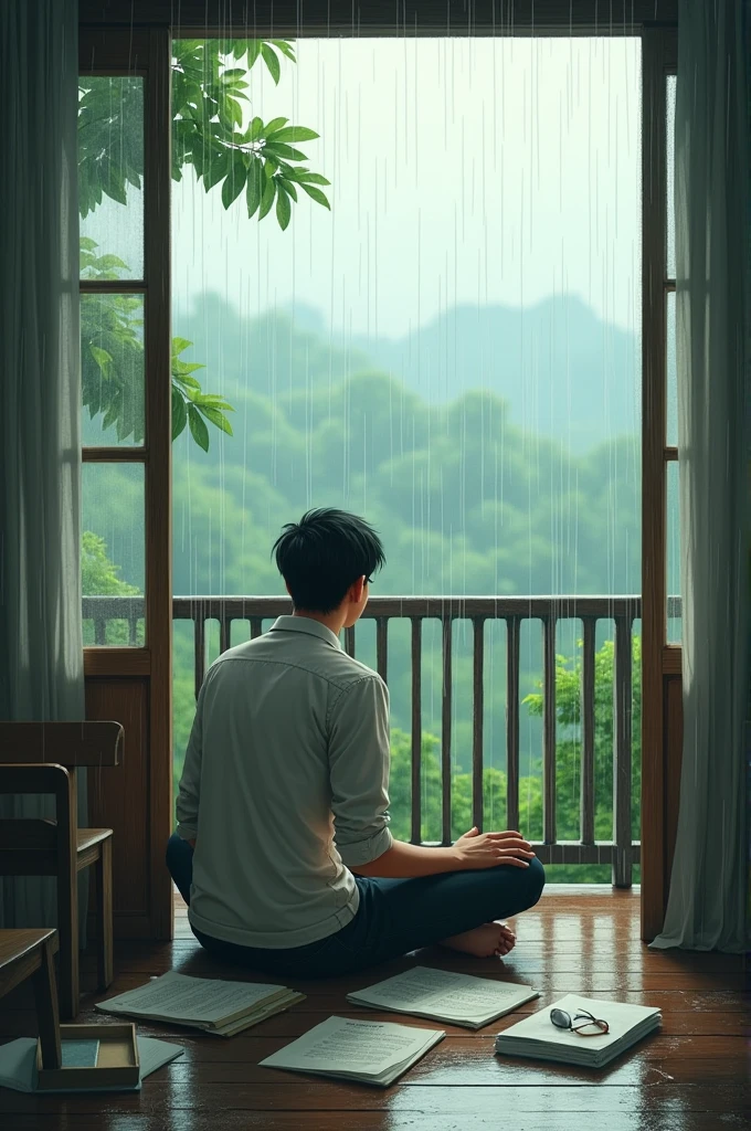 A cute men sitting in the balcony at afternoon and see the rain and he have some books and looked at the rain