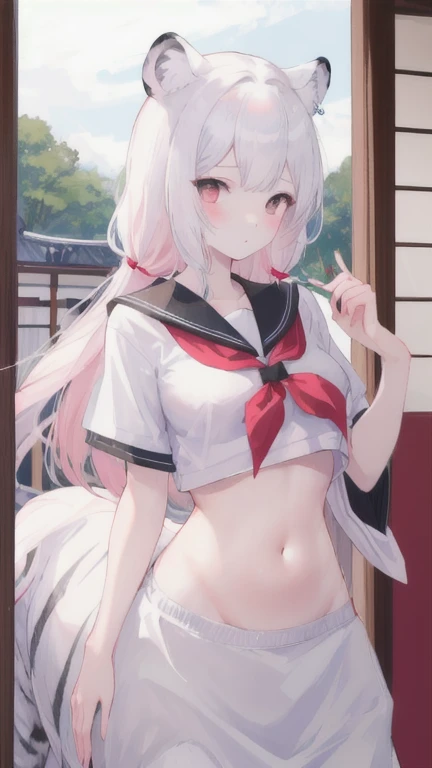 (best quality, masterpiece), 1 girl, centaur, I beg, White skin, Japanese schoolgirl,daughter,black pink, exposing the abdomen, belly button t-shirt , beautiful girl perfect, White tiger photo, 완벽한 White tiger photo