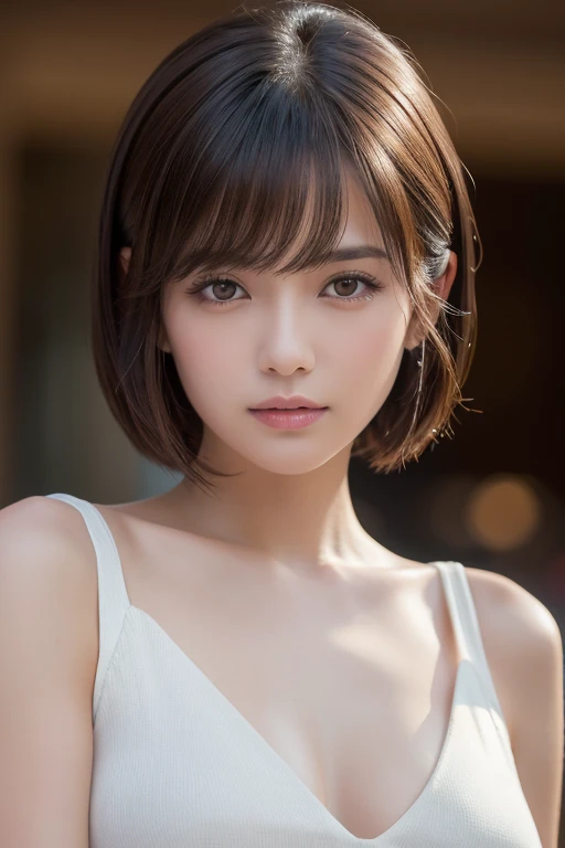 , White skin, ((Dark brown short tiered hair)), V cut with layers and bangs, Brown eyes, Soft atmosphere characteristics (Highest quality, Ultra-high resolution, 8k, RAW Photos, Ultra-high resolution: 1.2, masterpiece: 1.3), (Realistic, Realistic: 1.37), Very detailed, Professional Lighting, Photon Mapping, Radio City, 物理ベースレンダring, One person'S, (high school ), Sharp focus:1.2、Beautiful woman:1.4,cute, Nice, Adorable smile, Normal chest, Cross Necklace、EarringS、ring,(Cleavage)、((Dark brown short hair)),(A cute toothy Smile),((((Colorful Bikinis,Cute patterned bikini)),Ocean,Selfie,Lying on the sand,Palm tree))),(sexy, "attractive, functional,Emphasis on the crotch)