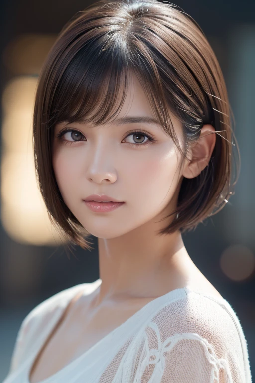 , White skin, ((Dark brown short tiered hair)), V cut with layers and bangs, Brown eyes, Soft atmosphere characteristics (Highest quality, Ultra-high resolution, 8k, RAW Photos, Ultra-high resolution: 1.2, masterpiece: 1.3), (Realistic, Realistic: 1.37), Very detailed, Professional Lighting, Photon Mapping, Radio City, 物理ベースレンダring, One person'S, (high school ), Sharp focus:1.2、Beautiful woman:1.4,cute, Nice, Adorable smile, Normal chest, Cross Necklace、EarringS、ring,(Cleavage)、((Dark brown short hair)),(A cute toothy Smile),((((Colorful Bikinis,Cute patterned bikini)),Ocean,Selfie,Lying on the sand,Palm tree))),(sexy, "attractive, functional,Emphasis on the crotch)