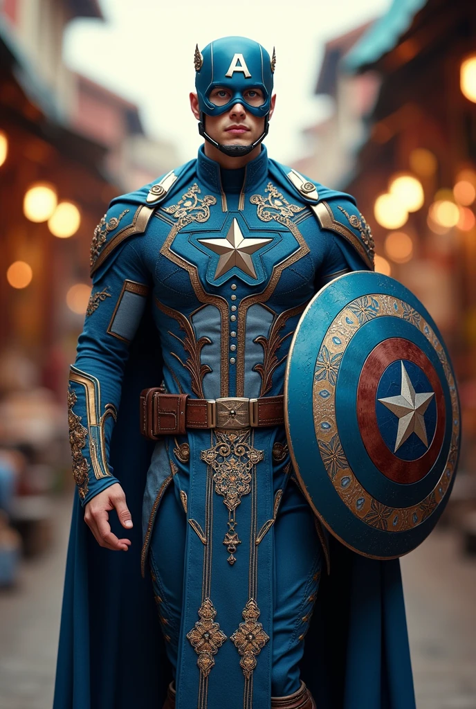 Fi Sabi Lillah Lillah  Likay costume, intricate embroidery, in blue and gold, worn by Captain America with his signature shield and mask, performing in a lively Thai market. The camera captures a medium shot with vibrant stalls and warm light highlighting the blue tones of his outfit and the iconic shield.