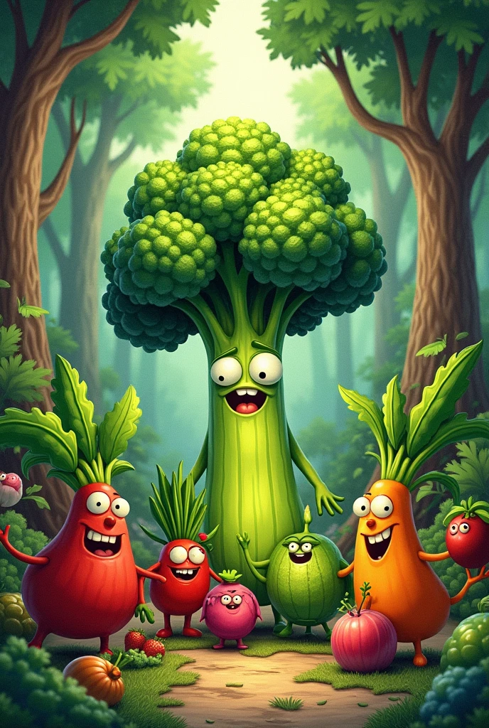 Create a drawing based on The talk of vegetables the talk is always up to date , They always want to know who&#39;s going to be the daddy of the day..  They are always chatting and in the vegetable chat we will see who wins this chat Broccoli is the King of the Forest ... in it all the trees always talk 
