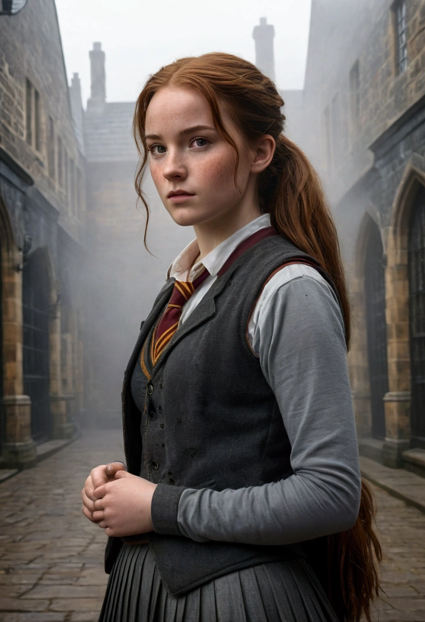 An illustrated movie poster, hand-drawn, full color, a female Hogwarts student, 18 years old, wearing a charcoal vest and a pleated skirt, tall, toned, amazonian stature, athletic hourglass figure, full wide hips, massive round butt, long shapely legs, ridiculously thick powerful thighs, deep dark auburn hair, messy ponytail, flushed sun-kissed complexion, freckles, resembles Genevieve O'Reilly, standing in a foggy Hogwarts courtyard, surrounded by mist, graphite shading, stencil marks, airbrushed acrylic paint, masterpiece, in the Deathly Hallows 