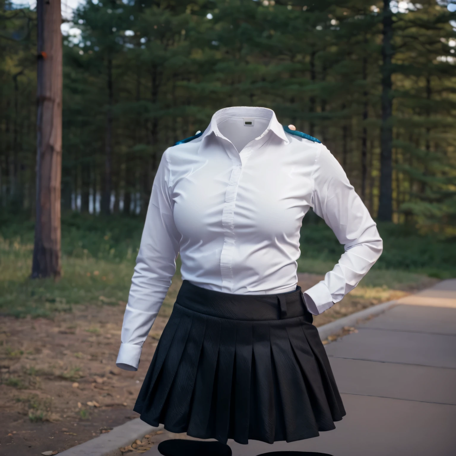 (invisible, no humans, headless, handless, faceless:1.5),cute big breasts, dynamic angle, white shirt, pleated skirt, striped necktie, collared shirt, black jacket, black skirt, long sleeves, school uniform, black socks, sarashina ruka, best quality, high resolution, (8k, RAW photo, best quality, masterpiece:1.2), (realistic, photo-realistic:1.37), photon mapping, radiosity, ((Hasselblad photography)), physically-based rendering