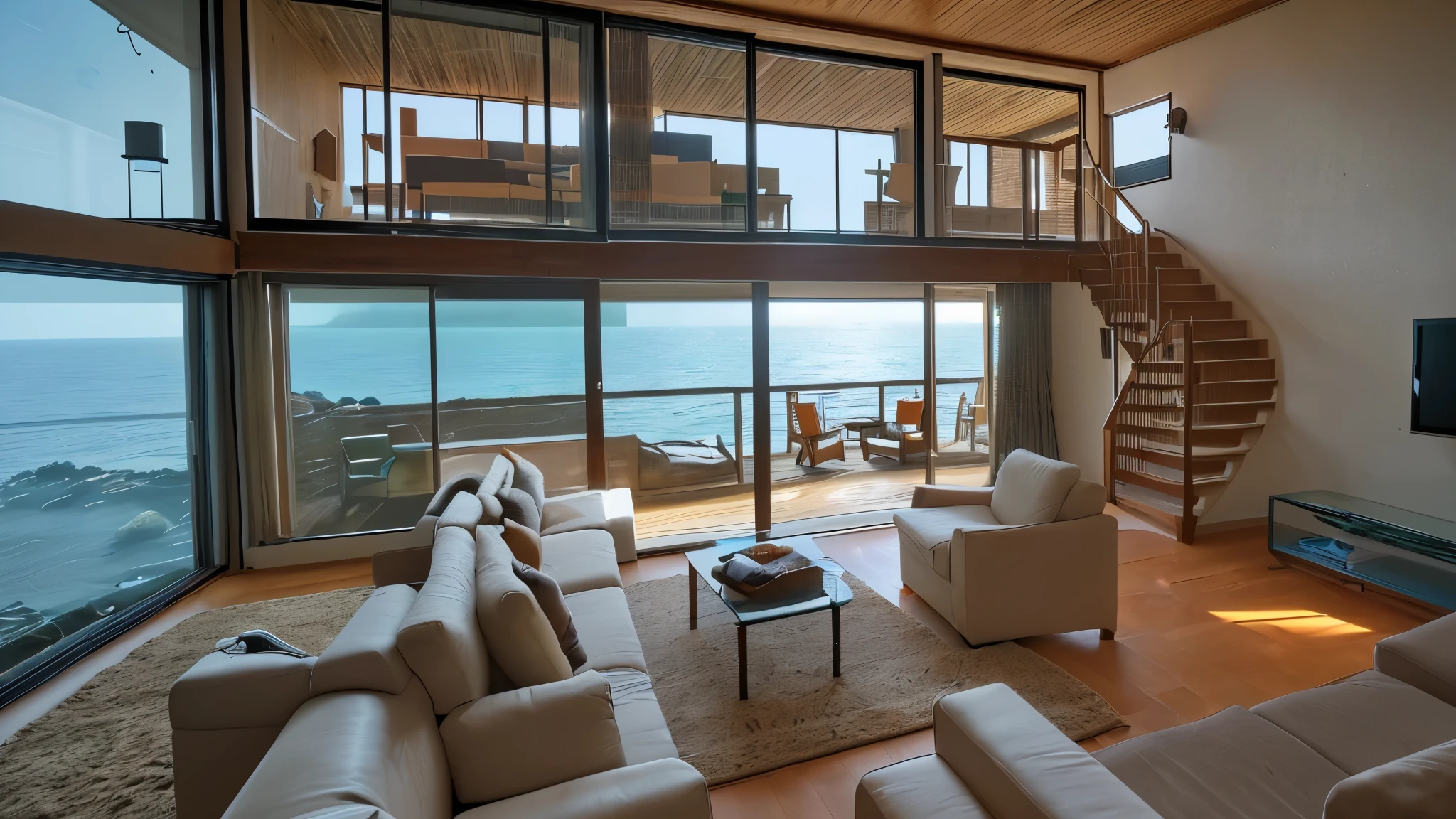 Alafid living room with sofa, coffee table, and a big tv, Milton Menasco (Milton Menasco) concept art of,indoor wooden stairs,Comfortable bedroom upstairs,large glass fish tank,Minimalism, built around the ocean, Overlooking the sea, Sea view, beautiful interior, Next to the reflected ocean, cozy place, Comfortable and peaceful atmosphere, beautiful natural lighting, Inside the cozy apartment, Small house, looking at the ocean