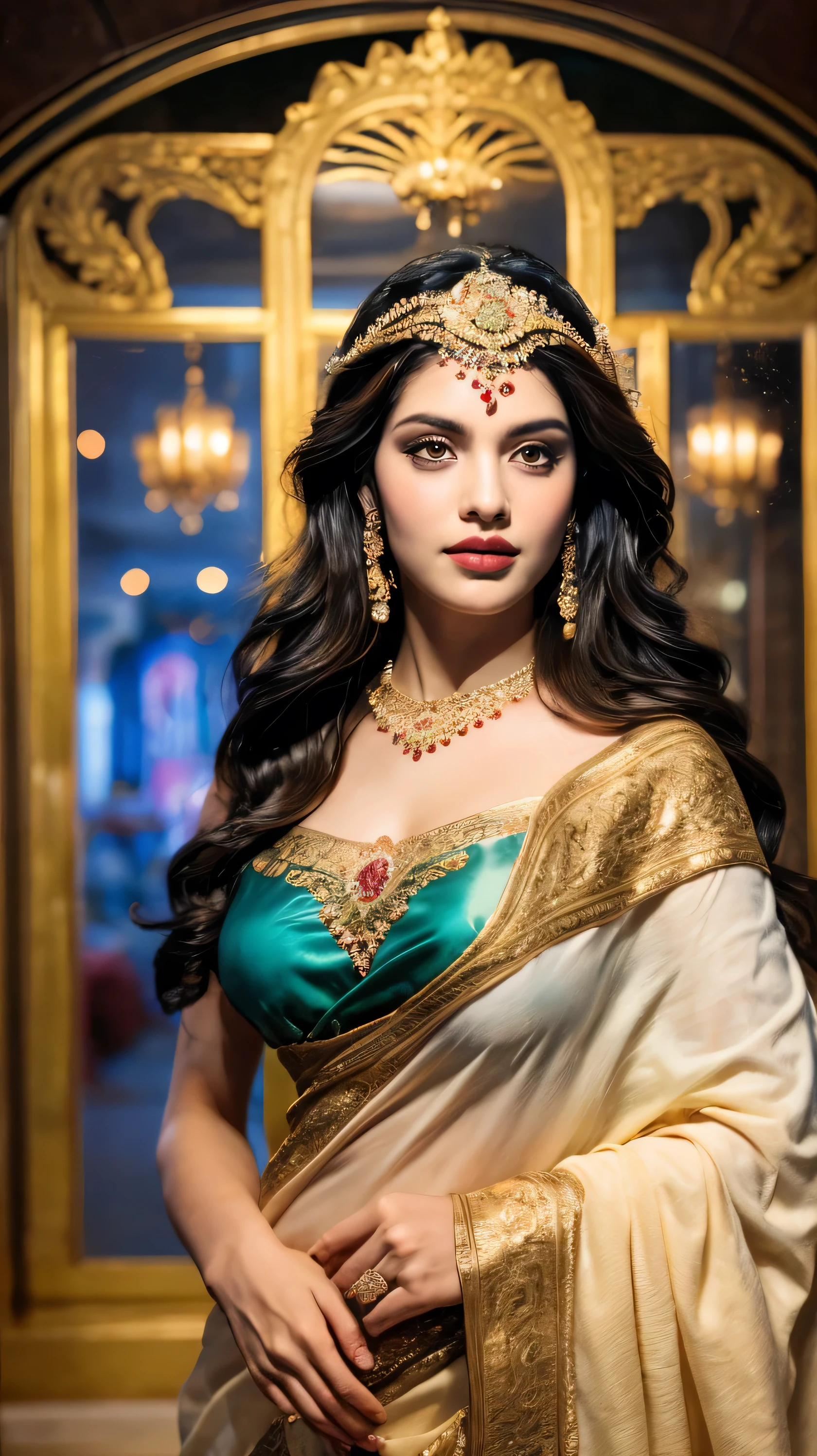 ((Best quality, 8k, Masterpiece :1.3)), Sharp focus :1.2, Generate a realistic image of a beautiful sexy Indian woman plus size body: 8.5 dressed in a white Kasava saree, adorned with traditional ornaments, standing in a well-lit room with cinematic lighting. ((Front view, random elegant pose)), and there is a sense of grace and elegance in her posture. The background should complement the scene, enhancing the overall aesthetic appeal of the image. Photography by Brandon Woelfel, Full shot: Canon EF 16-35mm f/2.8L III USM lens on a Canon EOS 5D Mark IV camera, ultra realistic, 32k, HD