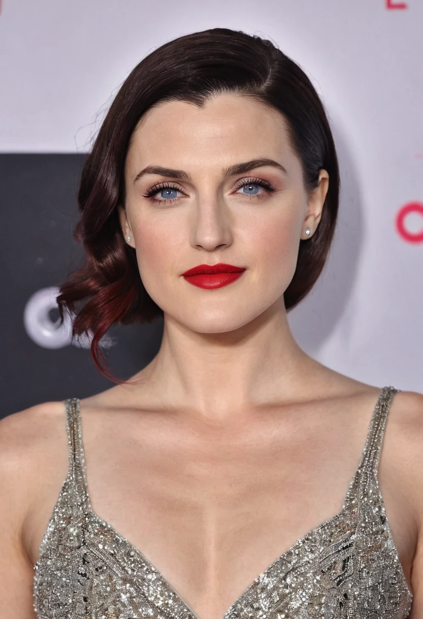 A waist-up portrait of a beautiful female whose face combines features of Katie McGrath + Melissa Benoist + Chyler Leigh. The female has lovely makeup on her face. The female wears red lipstick. Symmetrical eyes. Symmetrical face. Lovely details. Photorealistic. Full-colored photo. Professional photo. Highly detailed 8K.