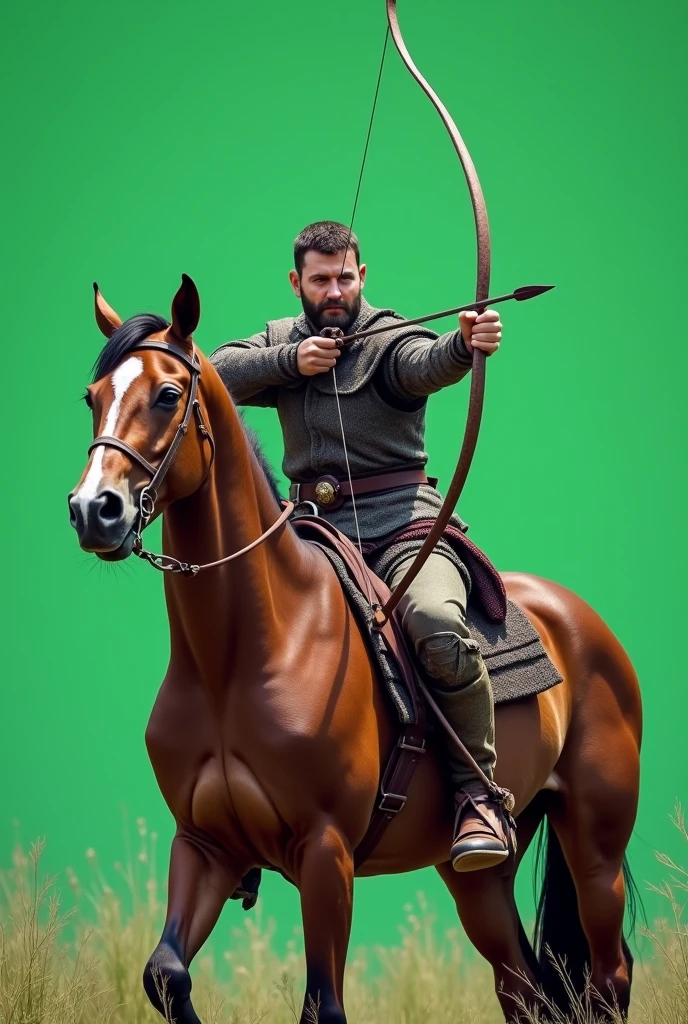 Soldier seated on horse with bow and arrowwith plain green screen