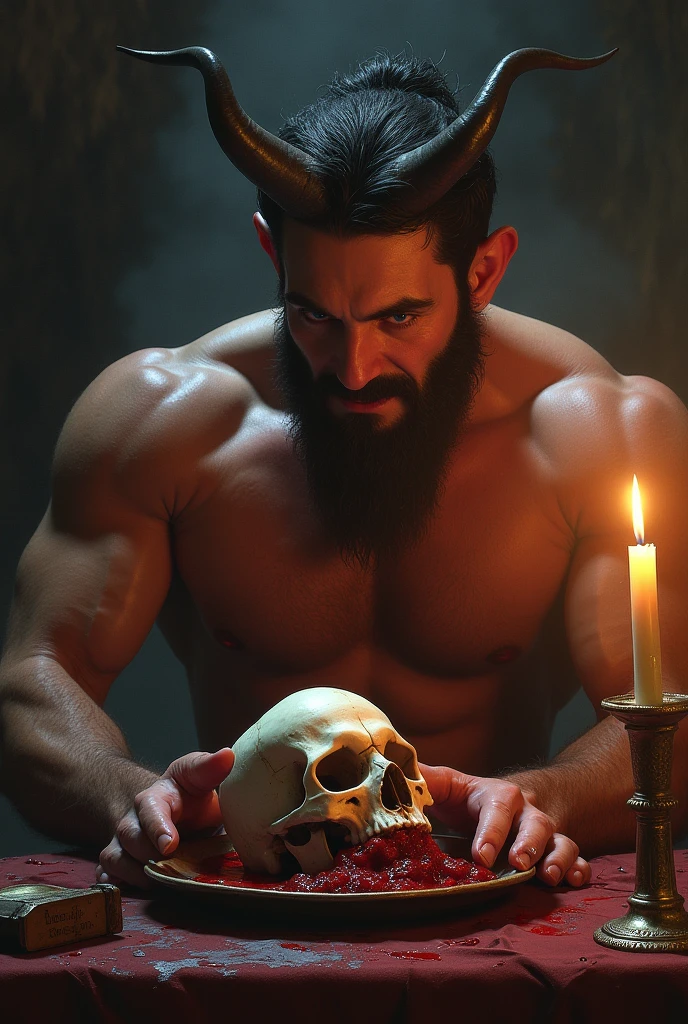 art handsome naked devil with beard eats brain , black background with candles