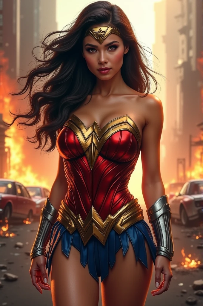 Real one pinay women beautiful with outfit wonder woman with background fire cars fires building crack