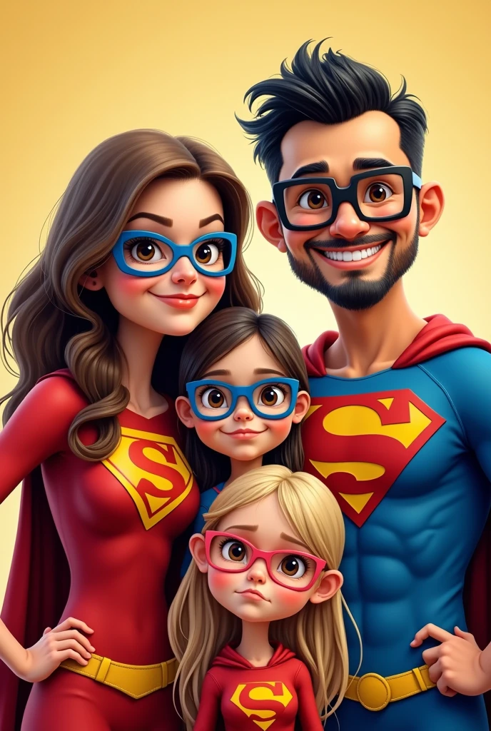 créer une photo de famille caricature avec une maman déguiser en super maman brune yeux marron et des lunette carré noir , le papa en super papa cheveux noir en arrière court et une barbe courte , une adolescente de 11ans en super adolescente brune cheveux long avec des lunettes carré bleu, une appareil dentaire sur les dents du haut qui prend soin d'elle et une de 4 ans en super râleuse blonde cheveux long avec des petites lunettes ronde rose 