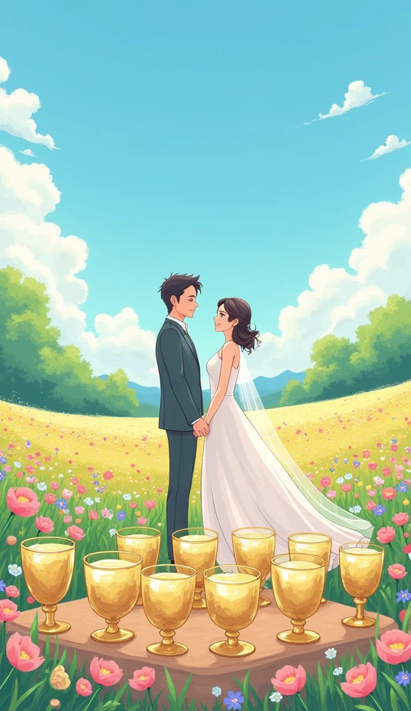 A man and a woman in wedding dresses, a colorful flower field, a bright blue sky, and 10 golden glass cups in front of the characters. The anime cartoon lines are simple, drawn like using a brush and pencil. It&#39;s cute, simple, and easy on the eyes. It&#39;s cute and bright, and has pastel tones. 