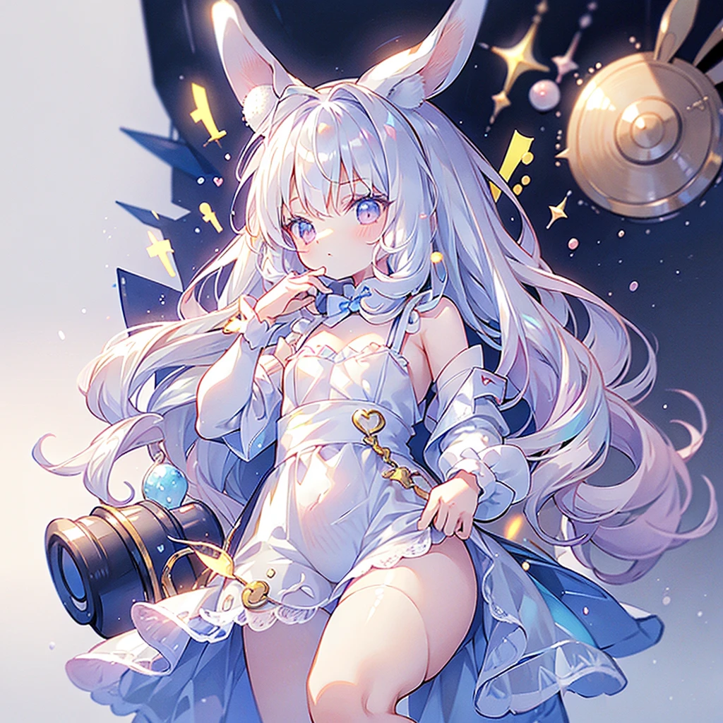 A cute little guy wearing a rabbit costume、fluffy、Loose、pastel colour、Highest quality、Masterpiece、Milky white hair color、kawaii tech,